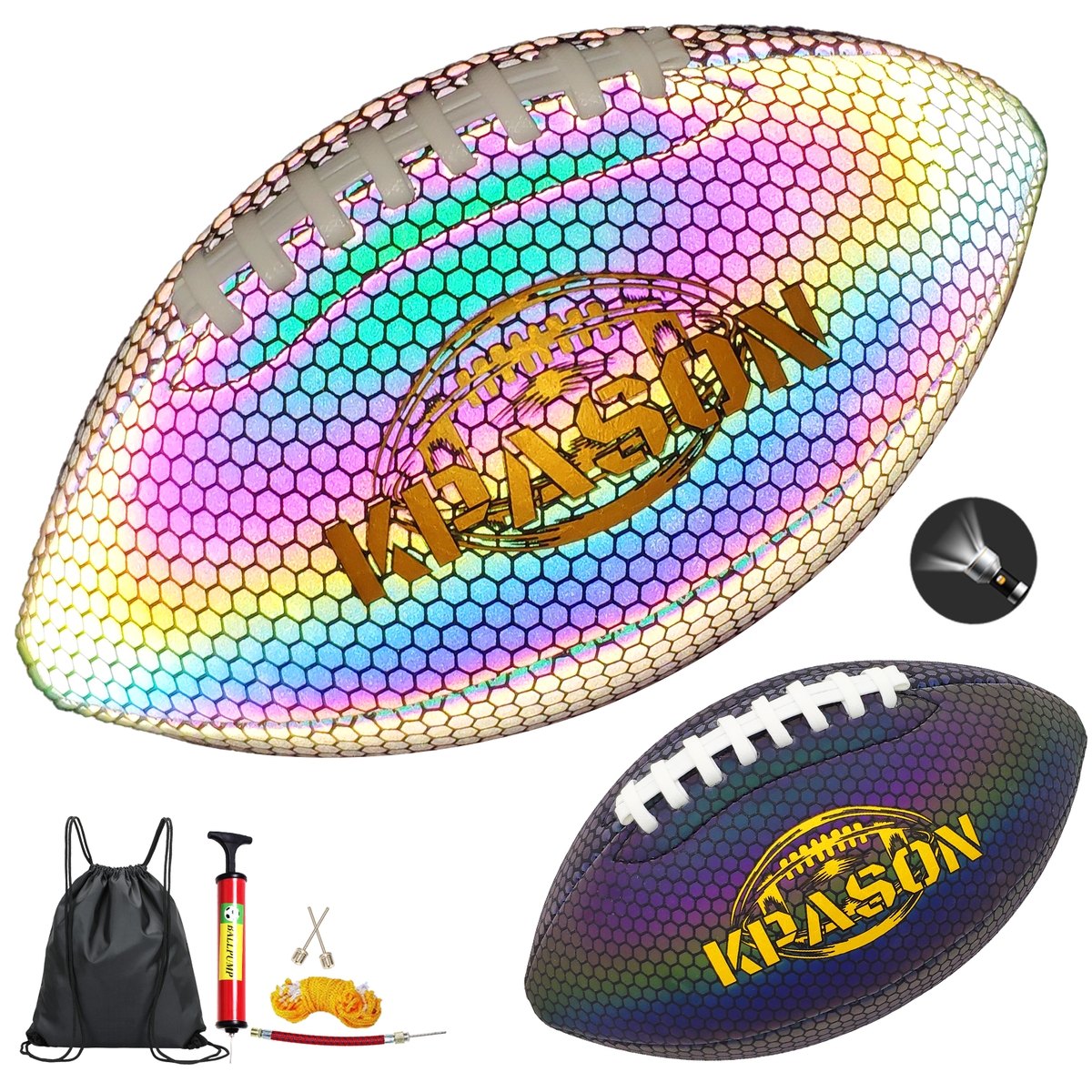 Football, Holographic Reflective Glowing Footballs with Pump for Kids, Teens and Adults - Synthetic Leather Outdoor All-Weather Footballs