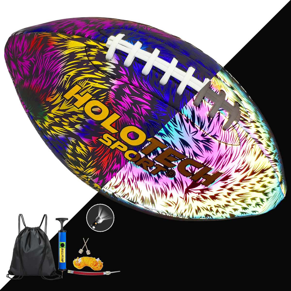 Football - Holographic Reflective Glowing Football Size 9, Hologram American Football for Youth and Adults, Durable Composite Leather Football with Pump