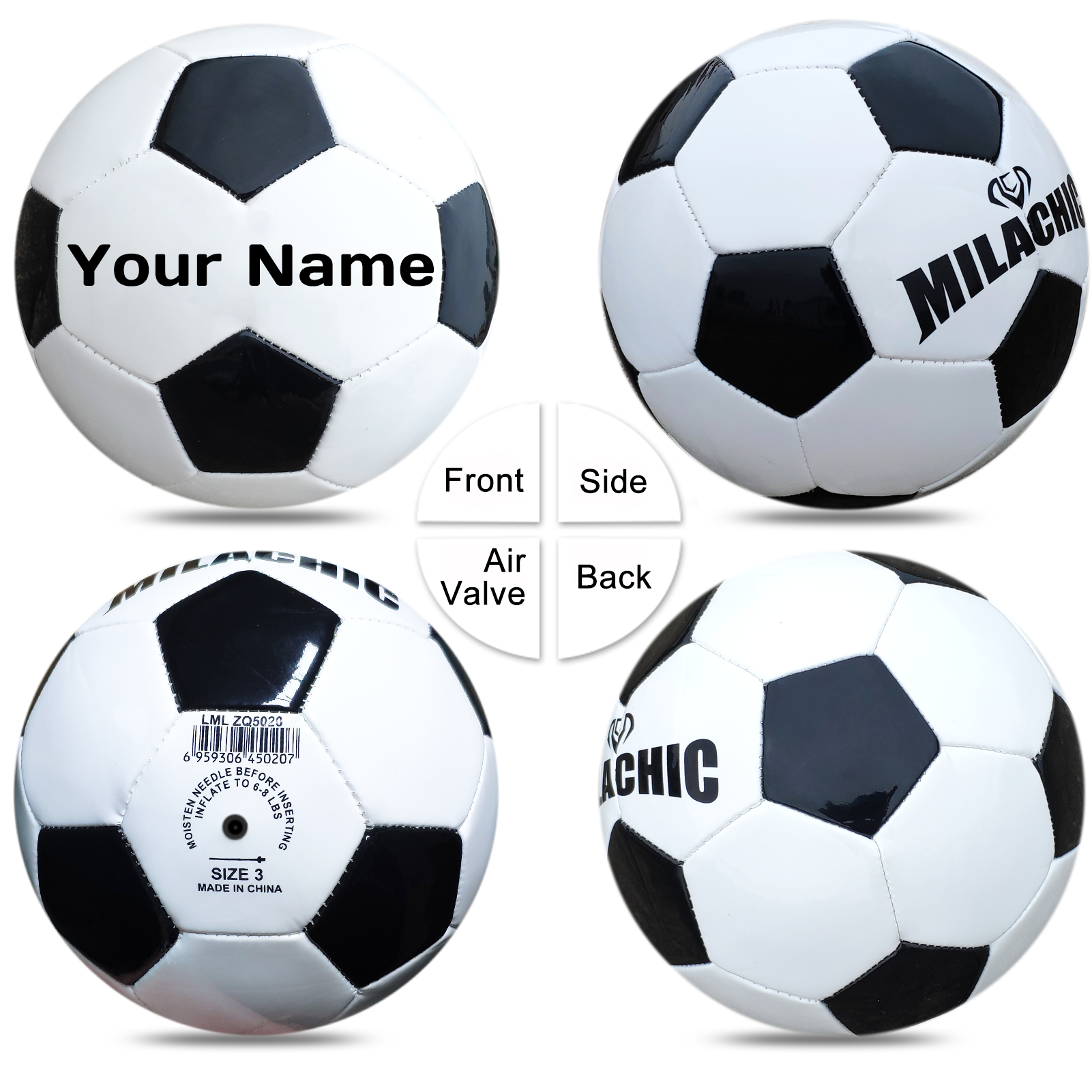 Milachic Customized Classic Black and White Soccer Ball with Your Name in Size 3/4/5