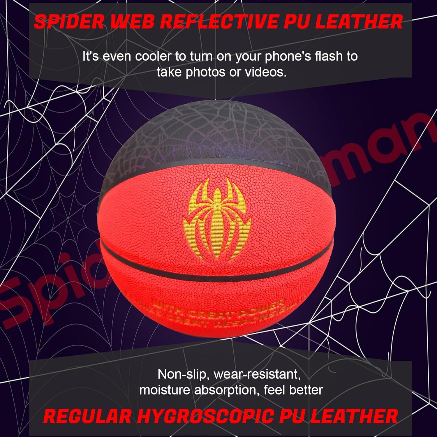 Holographic Reflective Glowing Basketball Spider Web Red Size 7/29.5" with Pump for Men Women